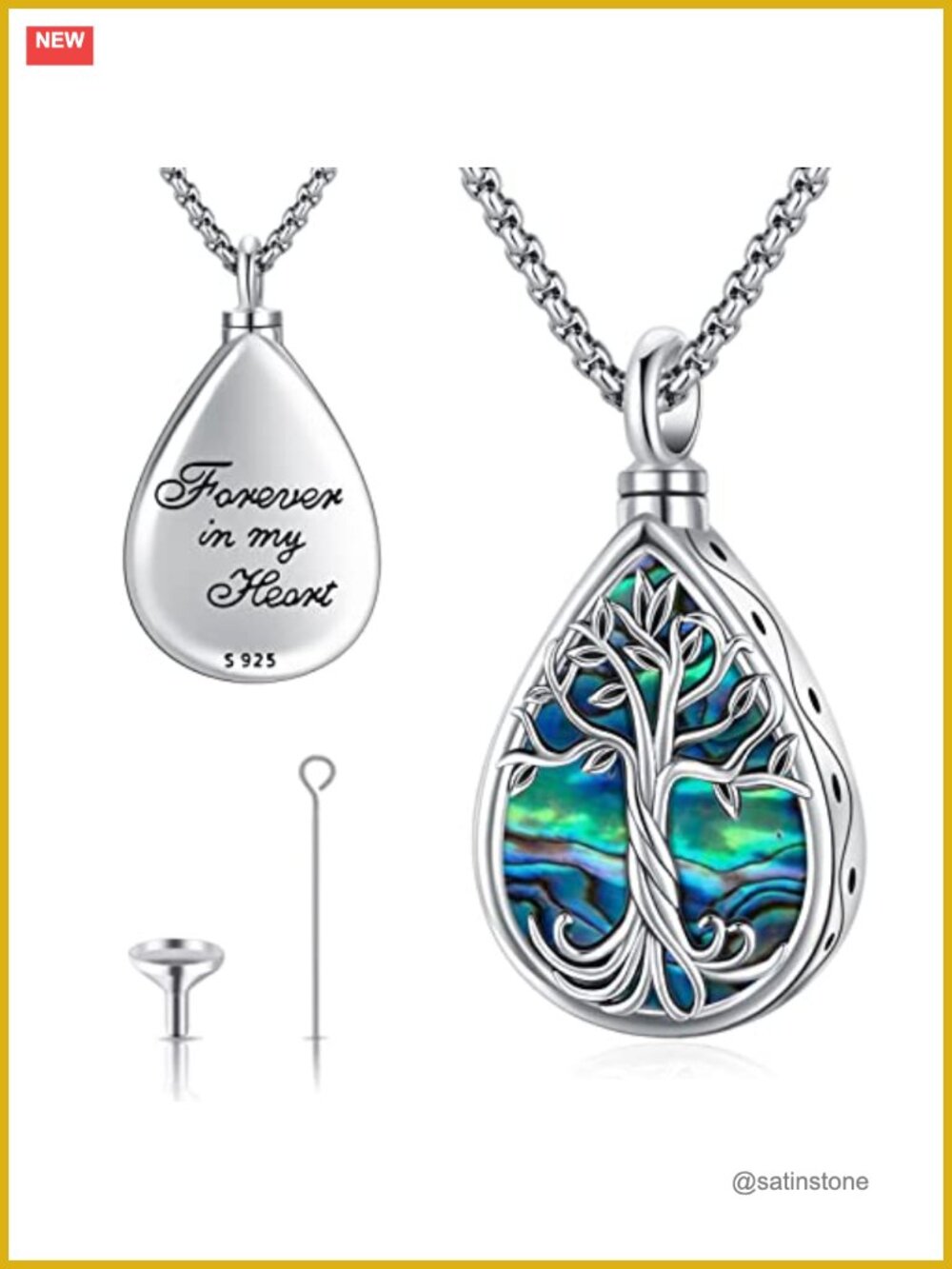 Sterling Silver 925 Tree of Life Urn Necklace Abalone Shell Cremation Jewelry